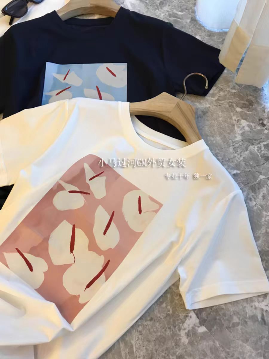 Women's Summer 2025 Novelty Print Oversized Short Sleeve T-Shirt - Boho American Style Pure Cotton Slim Fit Body Top