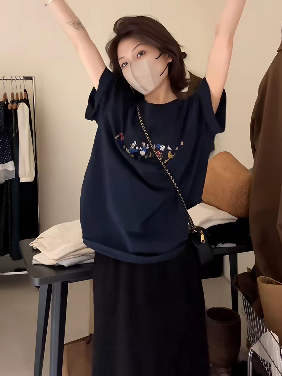 200그램 여성 의류 한국 스타일 연령 감소 만화 프린트 라운드 넥 긍정적 인 어깨 반팔 티셔츠 여름 지방 mm 루즈핏 슬림해 보이는