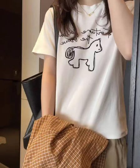 200그램 이른 봄 만화 프린트 반팔 티셔츠 여성 루즈핏 캐주얼 패션 작은 대중 만나는 화이트 맨위