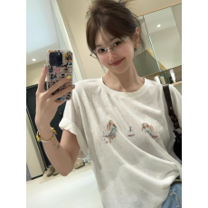 批发天使印花<b class='q'>白色</b>雪花棉短袖t恤女夏季薄款微透宽松慵懒风上衣设计感