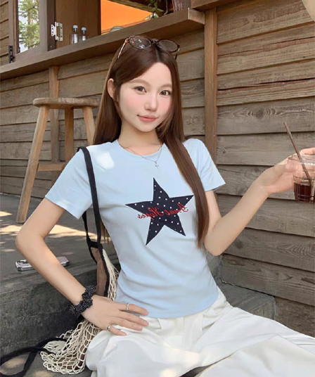 핫걸 바람 도트 무늬 별 프린트 라운드 넥 반팔 티셔츠 여성 여름 몸매 가꾸기 슬림해 보이는 기본 셔츠 맨위