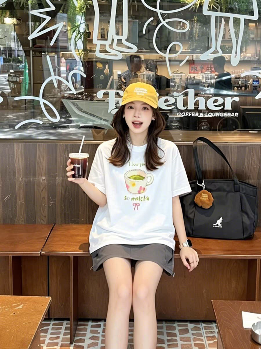 일본식 달콤함 애프터눈 티 알파벳 프린트 반팔 티셔츠 여성 여름 루즈핏 캐주얼 소녀 센스 맨위