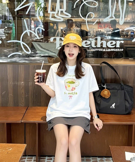 일본식 달콤함 애프터눈 티 알파벳 프린트 반팔 티셔츠 여성 여름 루즈핏 캐주얼 소녀 센스 맨위
