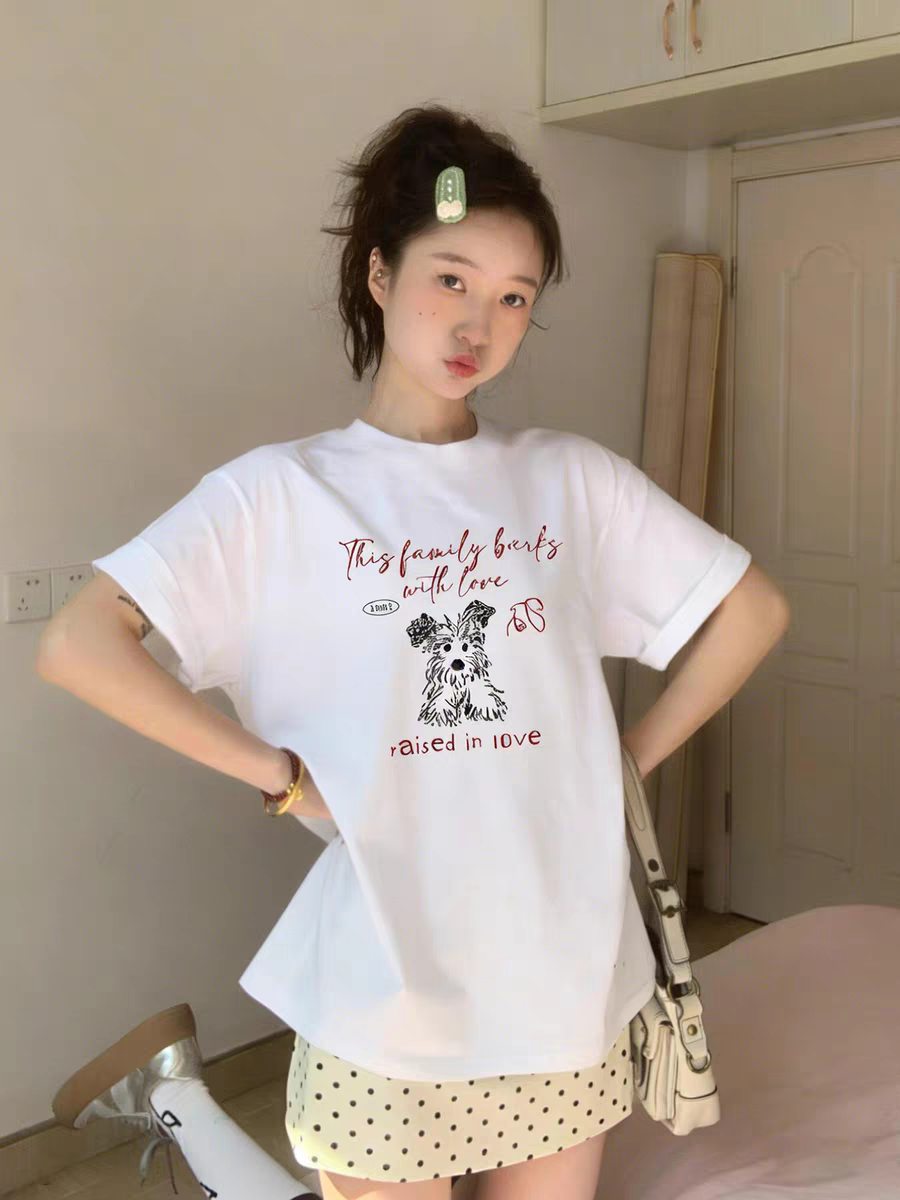 한국 스타일 강아지 알파벳 프린트 화이트 라운드 넥 반팔 티셔츠 여성 여름 새로운 캐주얼 다용도 맨위