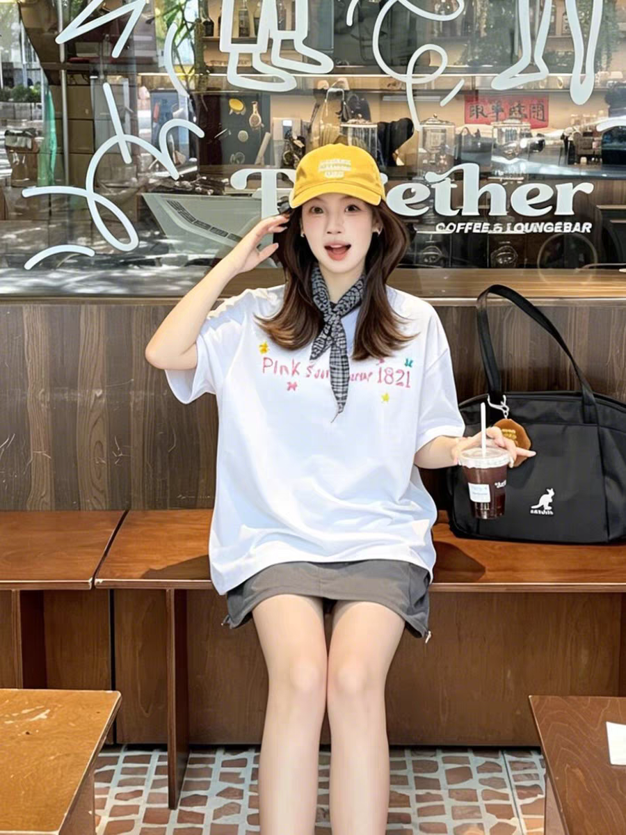 한 부서 미니멀리즘 수채화 작은 꽃 알파벳 프린트 반팔 티셔츠 여성 여름 루즈핏 캐주얼 다용도 맨위