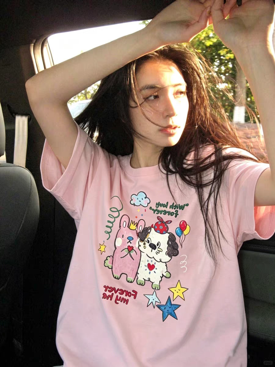 한 부서 강아지 토끼 토끼 만화 프린트 반팔 티셔츠 여성 여름 루즈핏 캐주얼 느긋한 센스 다용도 맨위