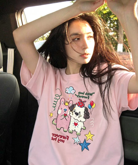한 부서 강아지 토끼 토끼 만화 프린트 반팔 티셔츠 여성 여름 루즈핏 캐주얼 느긋한 센스 다용도 맨위