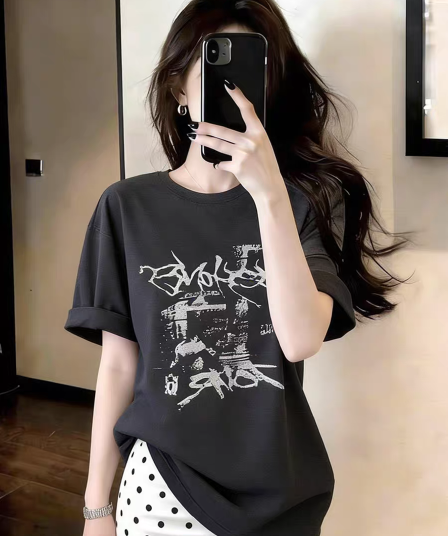 한 부서 낙서 재미있는 프린트 회색 반팔 티셔츠 여성 봄 새로운 느긋한 루즈핏 다용도 맨위