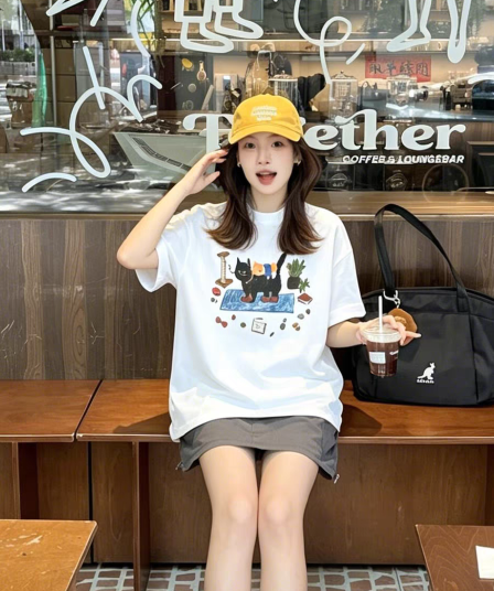 일본식 만화 귀여운 새끼 고양이 프린트 반팔 티셔츠 여성 여름 루즈핏 캐주얼 느긋한 다용도 맨위