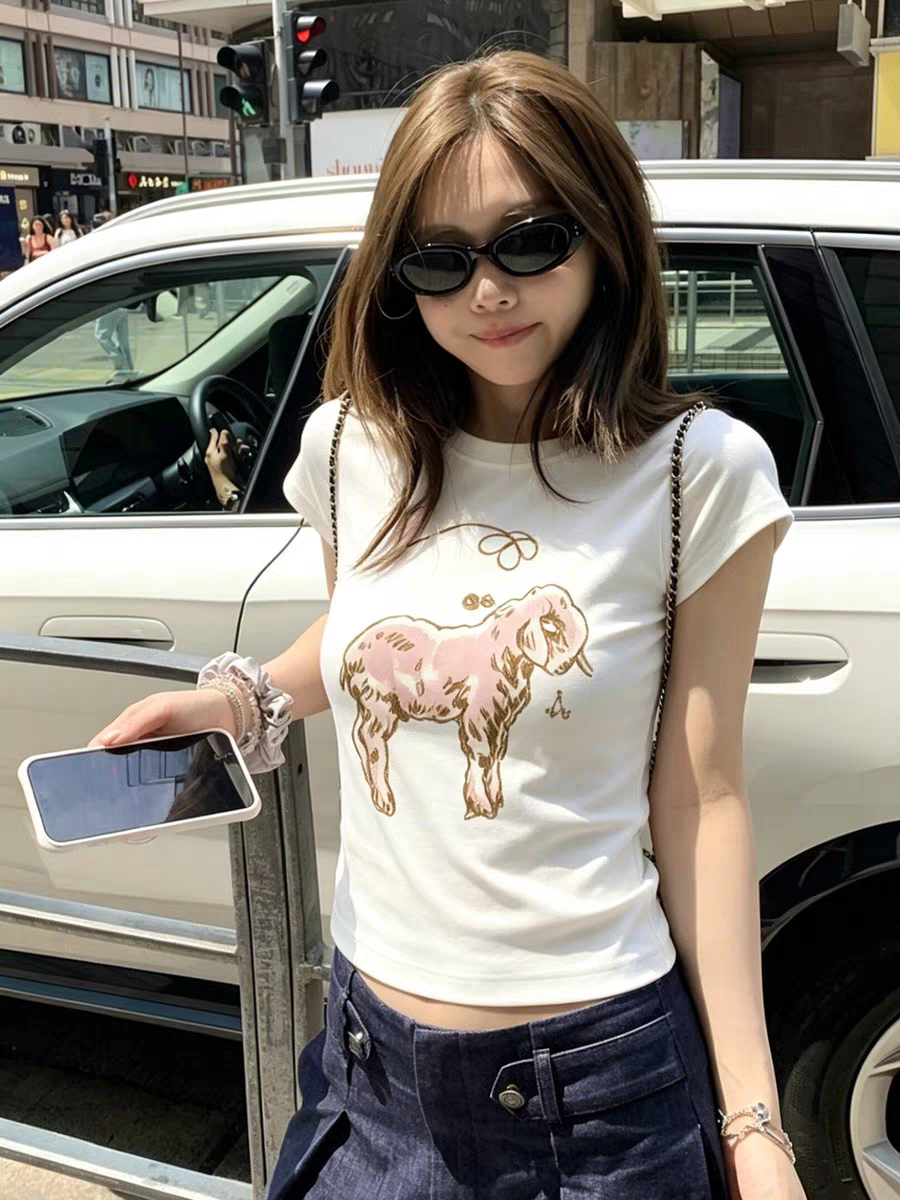 외국 가스 연령 감소 chic 라운드 넥 반팔 티셔츠 여름 여성 의류 2026 새로운 패션 다용도 연령 감소 슬림해 보이는 맨위