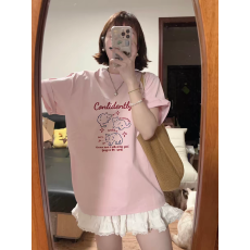 批发小猫印花短袖T恤女夏季简约<b class='q'>通勤</b>可爱百搭透气纯棉宽松上衣