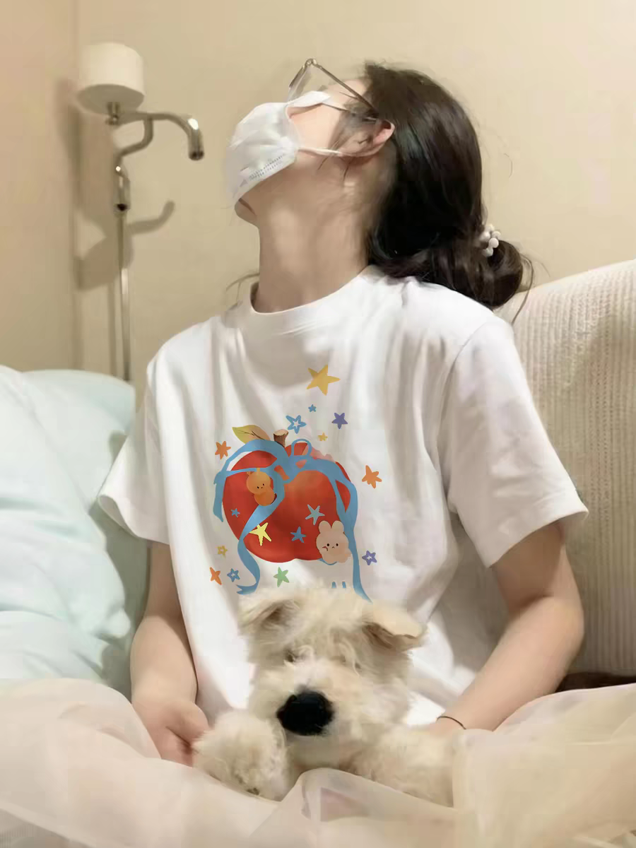 부드러운 자매 바람 만화 프린트 티셔츠 여성 여름 ins 순면 기본 셔츠 캐주얼 인사이드 잡아라. 의류 루즈핏 긍정적 인 어깨 반팔