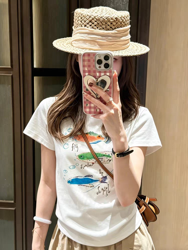 한 부서 뱉어 거품 물고기 알파벳 프린트 반팔 티셔츠 여성 의류 여름 새로운 몸매 가꾸기 슬림해 보이는 패션 연령 감소 맨위