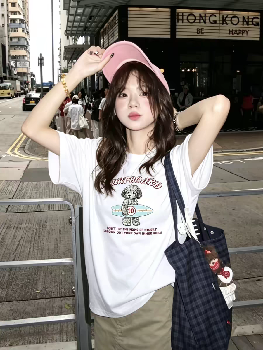 작은 대중 레트로 운동 프린트 느긋한 캐주얼 루즈핏 순면 편안함 라운드 넥 반팔 티셔츠 맨위 여성