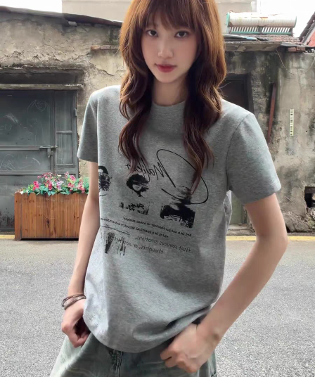 경관 그림 21 순면 210 그램 이후 패키지 칼라 여름 드레스 한 부서 반팔 티셔츠 여성 한국 스타일 루즈핏 빅 사이즈 프린트