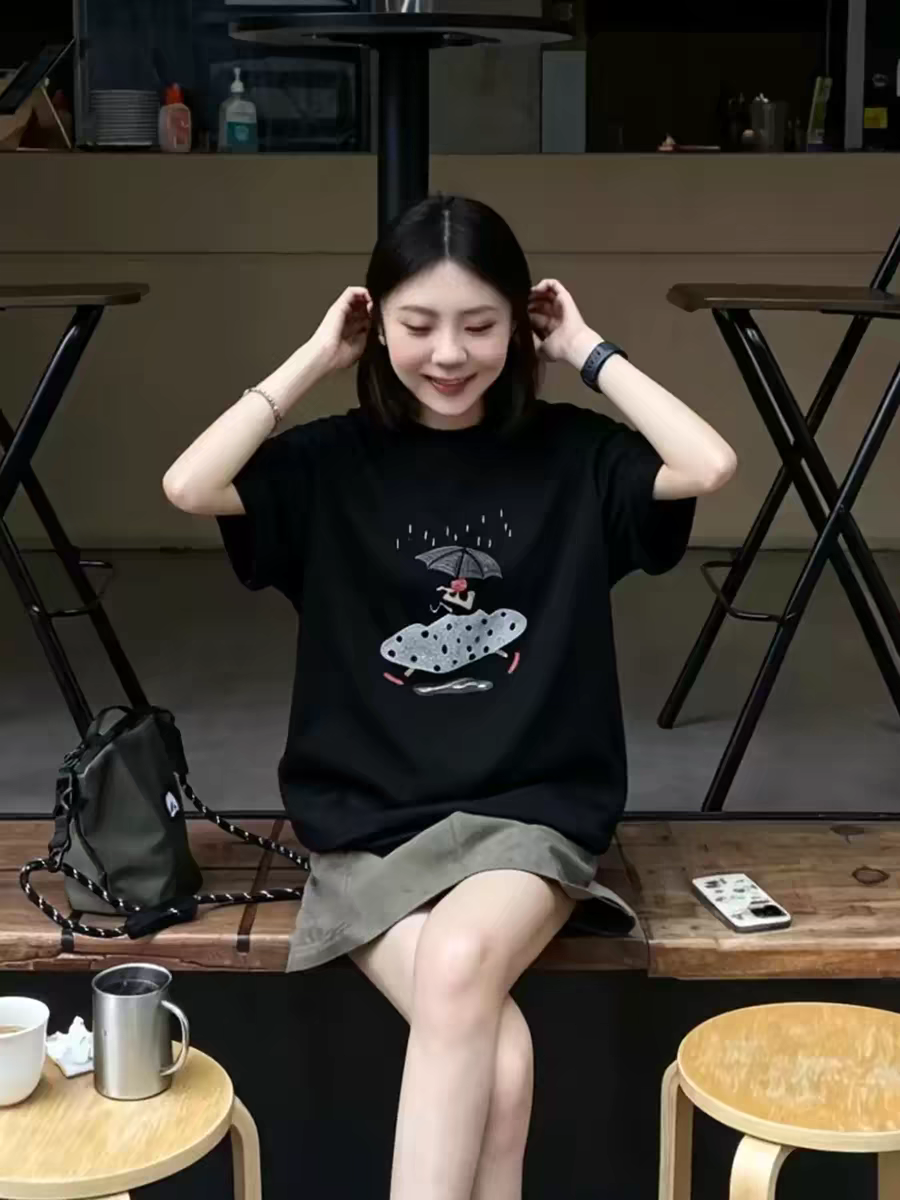 경관 그림 21 순면 210 그램 이후 패키지 칼라 여름 드레스 한 부서 반팔 티셔츠 여성 한국 스타일 루즈핏 빅 사이즈 프린트