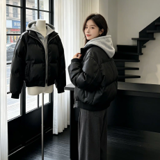 批发韩版卫衣连帽假两件棉服皮衣学生面包服撞色连帽羽绒棉服女外套