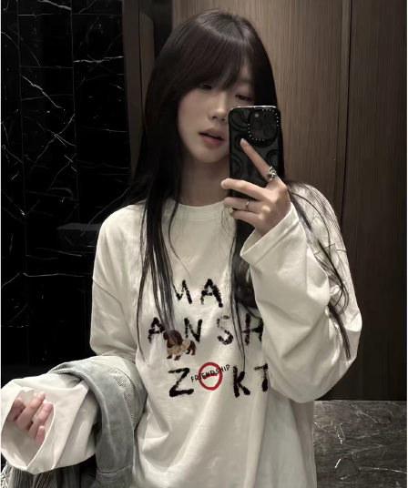 아메리칸 레트로 강아지 알파벳 프린트 긴팔 티셔츠 여성 가을 한 부서 느긋한 바람 oversize 루즈핏 맨위