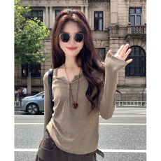 批发【官图实价】韩系别致半开领长袖<b class='q'>T</b><b class='q'>恤</b>女早秋穿搭超火小众