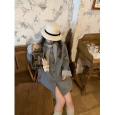 批发TheDouerr 兔耳朵可拆卸帽子拼接格纹毛呢大衣外套<b class='q'>甜美</b>加厚