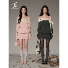 批发Moster Timnothy原创一字肩蝴蝶结厚款连衣<b class='q'>裙</b>氛围感针织<b class='q'>长袖</b>毛衣