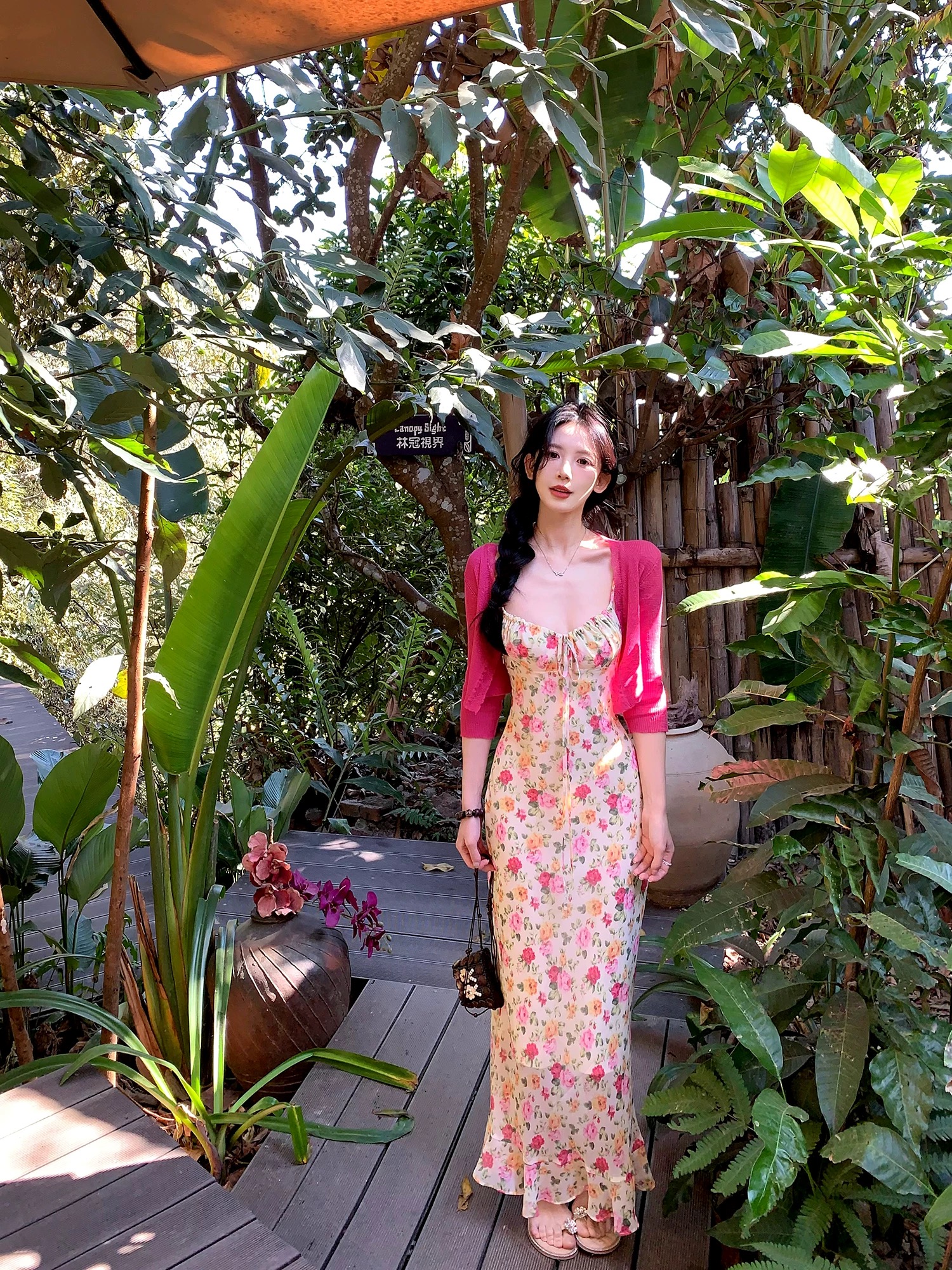 하나 달콤한 복숭아 yikett Mingyan 장미 꽃무늬 슬립 여성 드레스 꼬집기 허리 슬림해 보이는 원피스 롱 스커트