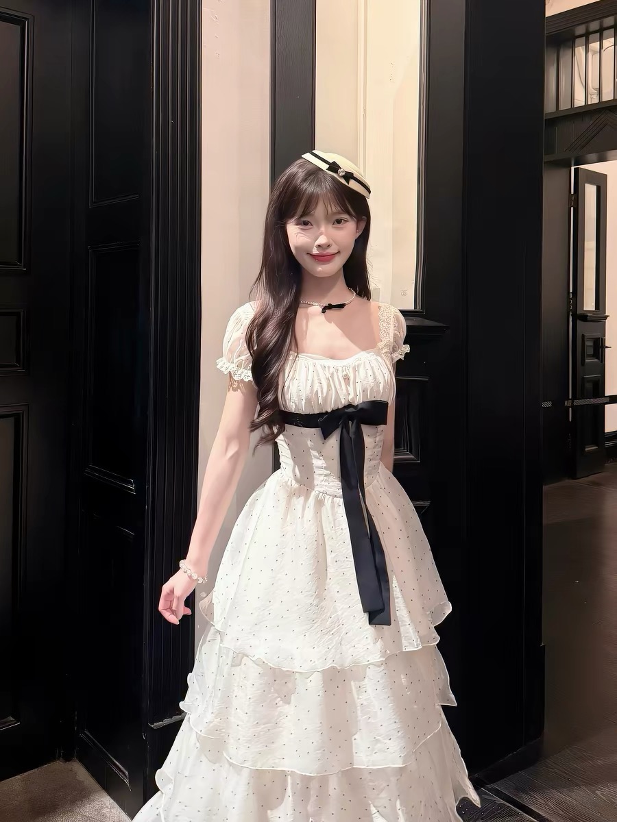 캄파넬라 세과 house 화이트 복숭아 도트 무늬 천 금빛 바람 거품 소매 튜브탑 허리 수축 드레스 케이크 드레스