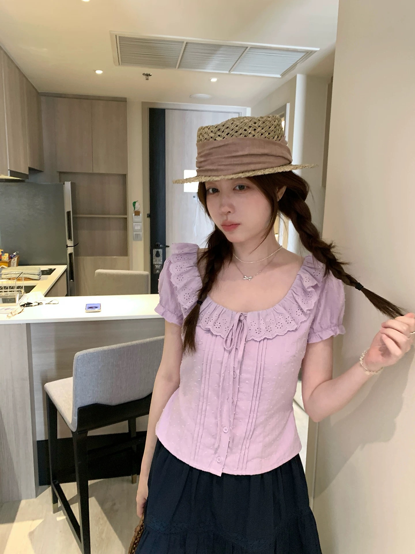 ptonumi 아이리스 얼 프릴 대 라운드 넥 반팔 여성 셔츠 거품 소매 허리 수축 슬림해 보이는 맨위 다용도