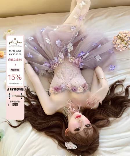 sisi jiang 보라색 안개 요정 순수한 욕망 요정 가스 달콤함 3 차원 꽃 생선뼈 허리 수축 한 마디 퍼프 스커트