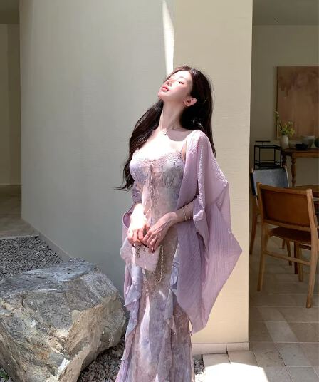solo 폭발 폭발 暮 시간 꽃 차오 헤일로 염색 꽃무늬 여성 드레스 프랑스식 자수 패치워크 오프숄더 슬립 롱 스커트