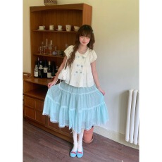 批发奶油星贝 甜美风套装夏季穿搭<b class='q'>娃娃领</b><b class='q'>上衣</b>+多层波点薄荷绿半身裙女