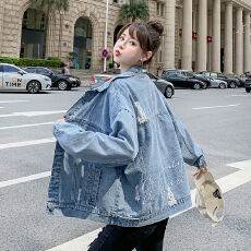 批发实拍2025新款春秋长袖牛仔外套女刺绣字母宽松校园韩版休闲上衣潮