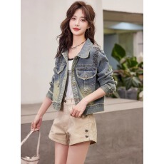 批发复古毛边珠钉牛仔外套短款女装2025春秋季新款休闲好看夹克上衣