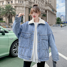 批发实拍<b class='q'>牛仔</b><b class='q'>外套女</b>韩版宽松秋冬深秋2025年新款加绒加厚羊羔毛羊羔绒