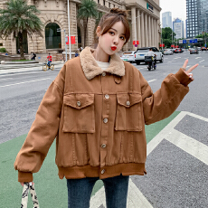 批发实拍加绒加厚工装外套女短款2025冬装新款宽松显瘦复古bf港风棉衣