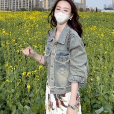 批发小个子短款牛仔外套女长袖港风POLO领宽松百搭夹克上衣破边流苏潮