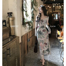 批发花繁景茂RARE ZZ 性感花景花纹油画时髦吸睛长袖长款连衣<b class='q'>裙</b>