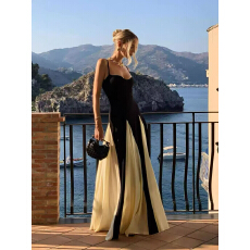 批发summer rose法式黑白拼色吊带连衣裙修身显瘦御姐风<b class='q'>礼服</b>拖地<b class='q'>长裙</b>