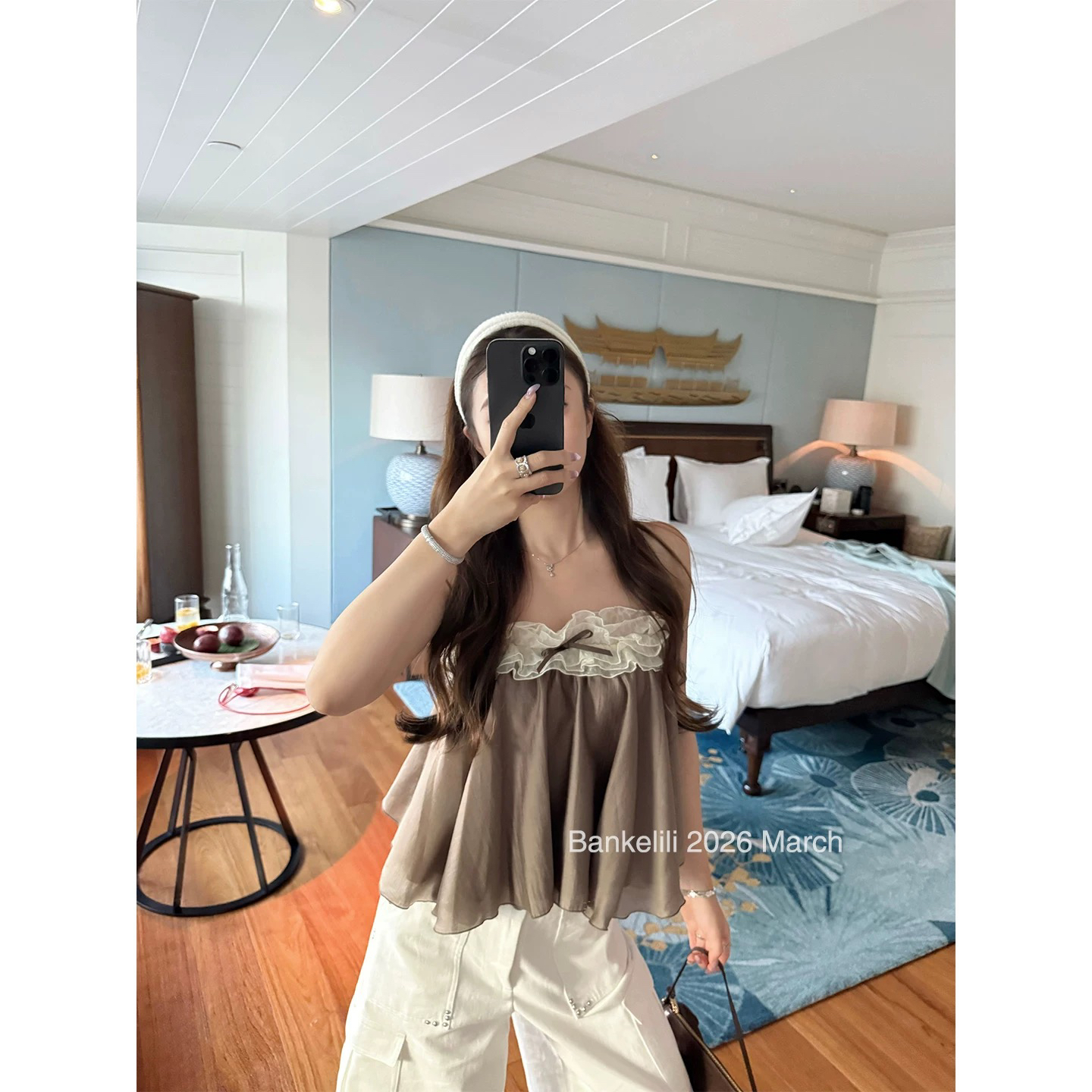 밤나무 코코아 bankelili 필리핀 린 휴일 프릴 핀치 Pleat 세련된 튜브탑 분위기 센스 맨위 봄 여름