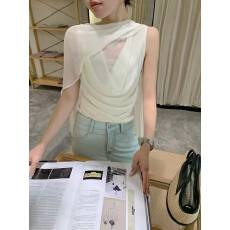 批发新款清冷氛围感荡领捏褶拼接轻纱披肩假两件背心