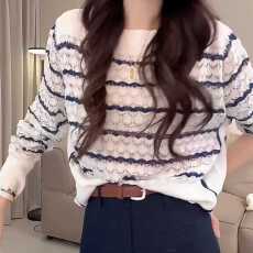 批发设计感<b class='q'>镂空</b>条纹撞色长袖<b class='q'>罩衫</b>女2025春夏新款百搭宽松圆领<b class='q'>针织</b>上衣