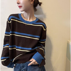 批发<b class='q'>大码</b>女装撞色条纹圆领针织衫毛衣女秋冬季新款胖妹妹内搭打底上衣