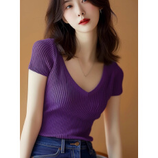 小众别致修身显瘦v领短袖t恤设计感复古坑条纯色体恤欧货减龄上衣