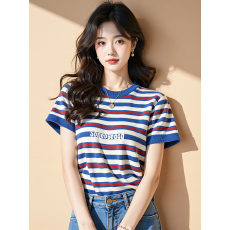 批发蓝色撞色条纹短袖t恤女<b class='q'>装</b>今年新款小个子小众设计感字母印花上衣