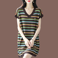 批发胖mm加<b class='q'>大码</b>桑蚕丝T恤女宽松中长款短袖条纹时尚针织冰丝薄遮肉女