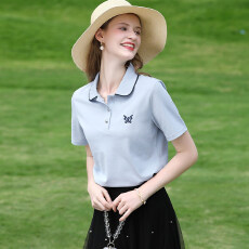 批发休闲好看蓝色Polo领蝴蝶绣花珠地透气短袖<b class='q'>T</b><b class='q'>恤</b>上衣女2026夏季新款