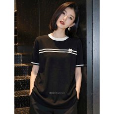 批发2026夏季新款时尚撞色蝴蝶结短袖上衣女黑色显瘦打底衫通勤风潮流