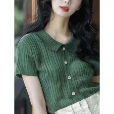 批发2026夏秋季冰丝针织短袖polo衫设计感ins超火玫<b class='q'>红色</b><b class='q'>上衣</b>正肩t恤女