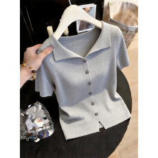 批发高级感灰色翻领套头针织衫女2026年夏季小众不撞款百搭短袖上衣服