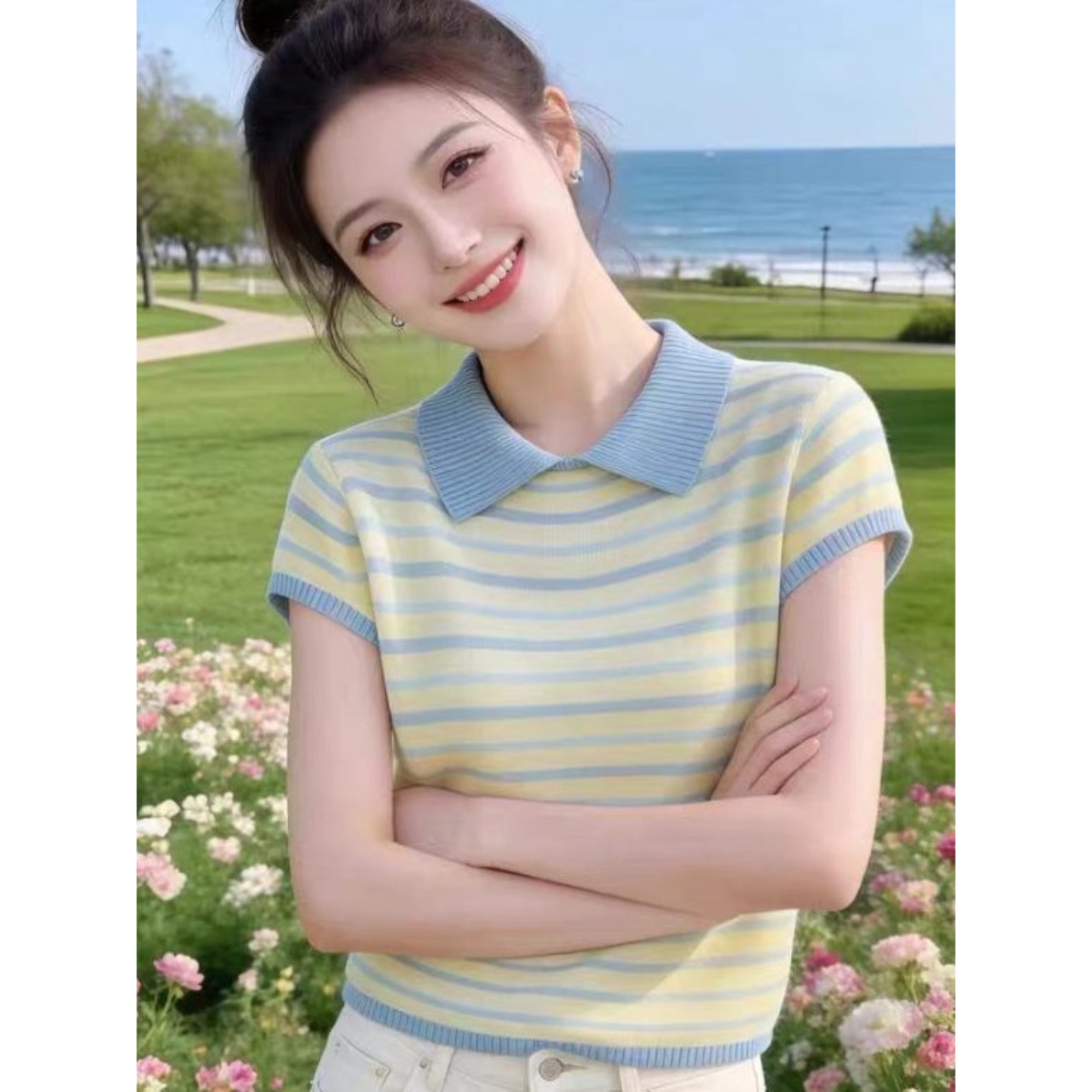 한 부서 연령 감소 슈퍼 잘 생긴 슬림해 보이는 품격 폴로 칼라 스트라이프 반팔 니트 여름 패션 외국 가스 티셔츠 맨위 여성